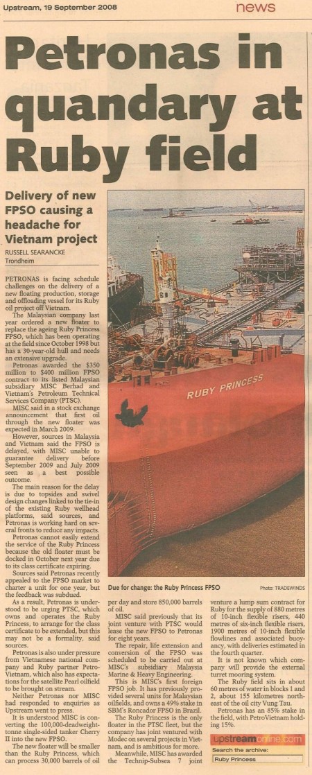 Ruby FPSO replacement - PETRONAS headache