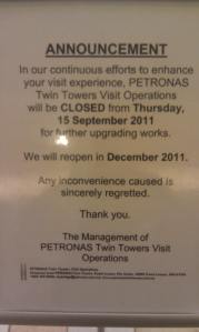 KLCC Tour Closed till December 2011